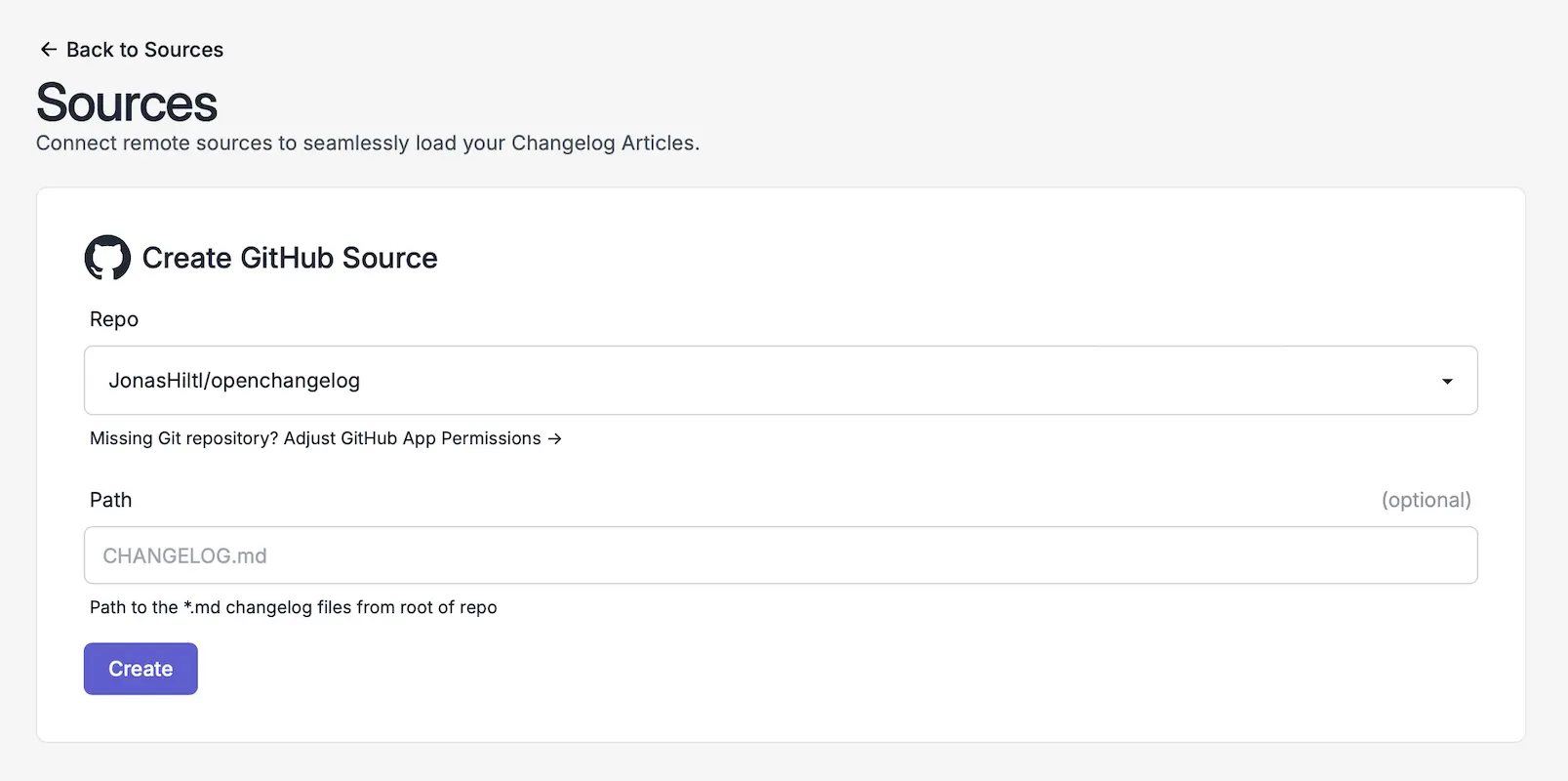form to select a github repo and specify the path to your CHANGELOG.md